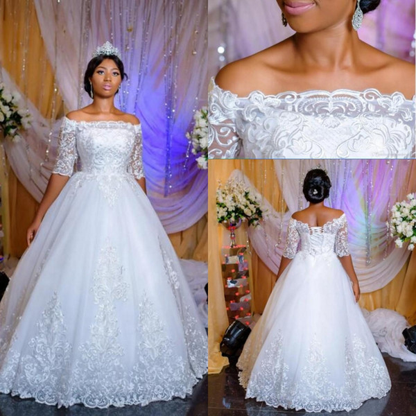 Arabic Nigerian A-line Wedding Dresses Sheer Neck Half Sleeves Backless Sweep Train Lace Up Back Wedding Bridal Gowns Custom HY4143