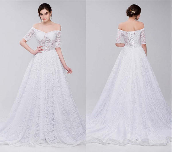 Elegant New Dresses Sweetheart Half Sleeves A Line Lace Long Wedding Party Bride Dresses For Women Wedding Dresses Gown HY4237