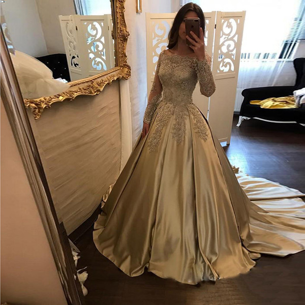 Beaded Pearls Ball Gown Wedding Dresses Bateau Neck Off Shoulder Long Sleeves Beaded Satin Formal Bridal Gowns Sweet Dresses HY158