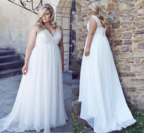 V-Neck Plus Size Lace Wedding Dresses Garden Cheap Chiffon Spring Train Large Vestido De Noiva Bridal Gowns Ball For Bride DH400