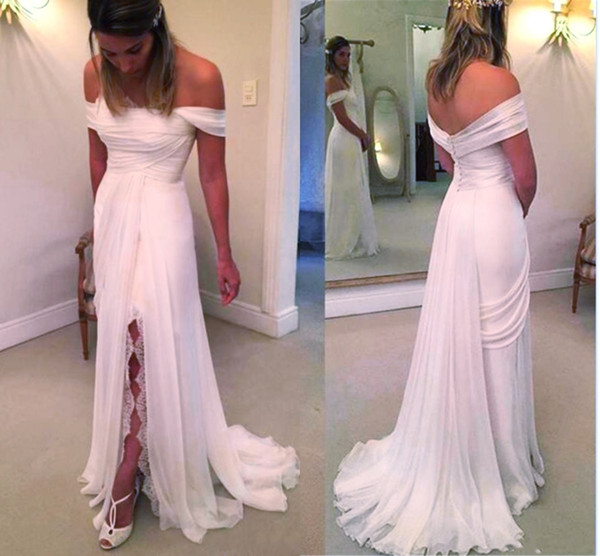 Beach Wedding Dresses Off Shoulder High Split Chiffon A Line Boho Bridal Gowns Summer Lace Pleated Women's Formal Wear Cheap Custom DH4140