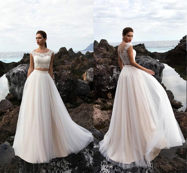 Two Pieces Tulle A Line Summer Beach Wedding Dresses Bohemia Lace Top Floor Length Wedding Bridal Gowns With Buttons DH4080