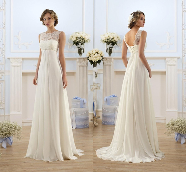 Elegant Sheath Wedding Dresses A Line Sheer Neck Capped Sleeve Empire Waist Floor Length Chiffon Cheap Summer Beach Bridal Gowns