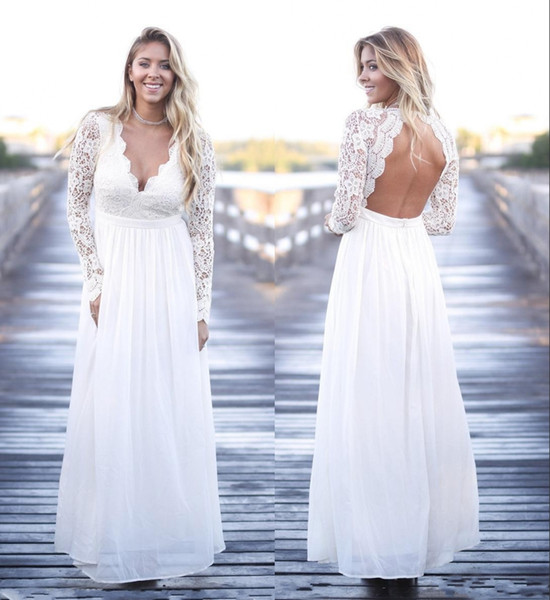 Plus Size Chiffon Wedding Dresses Cheap V-Neck A-Line Floor Length With Long Sleeves Beach Boho Country Backless Bridal Wedding Gowns DH39