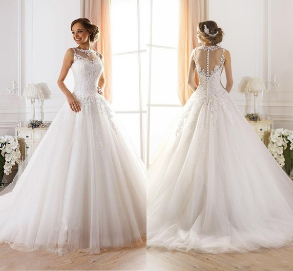 Sexy Illusion Jewel Neckline A-Line Sheer Wedding Dresses Beaded Lace Fluffy Illusion Backless Princess Bridal Ball Gowns Custom Made DH348