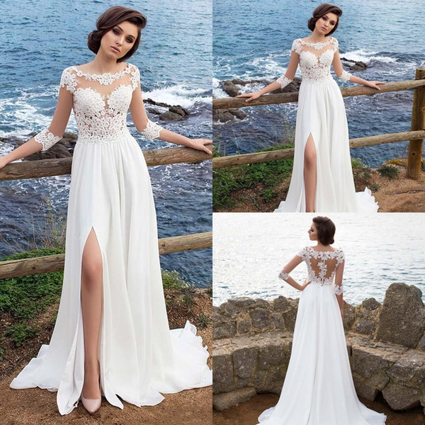 Cheap Sexy Beach Wedding Dresses Bohemian Beach Sheer Neck High Side Split Chiffon Lace Applique Wedding Dresses Bridal Gowns DH140