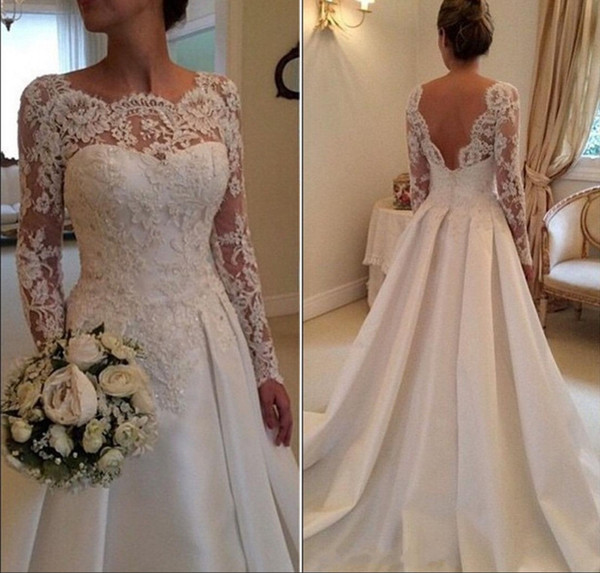 White Long Sleeve Wedding Dresses A Line Sheer Neckline Backless Lace and Satin Bridal Plus Size Wedding Dresses DH347