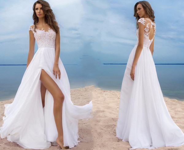 Sexy Split Boho Wedding Dresses Sheer Jewel Neck Appliqued Keyhole Backless Long Bridal Gowns For Summer Beach Wedding DH353