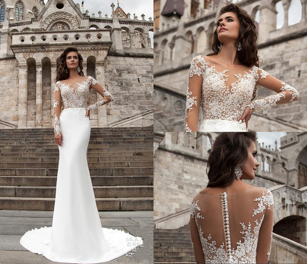 Sexy Sheer Long Sleeves Lace Wedding Dresses Beach A Line Sweep Train Appliqued Backless Chiffon Bohemian Bridal Gowns DH226