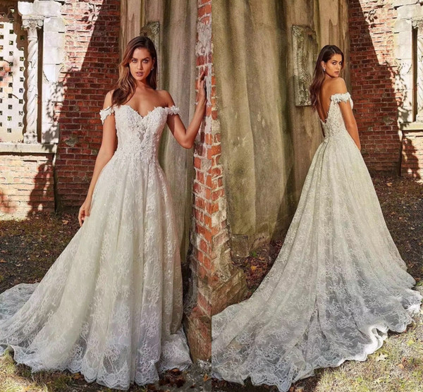 Hot Off The Shoulder White Lace Wedding Dresses A-Line Appliques With Court Train Long Bridal Gown Sexy Back Wedding Gowns DH5002