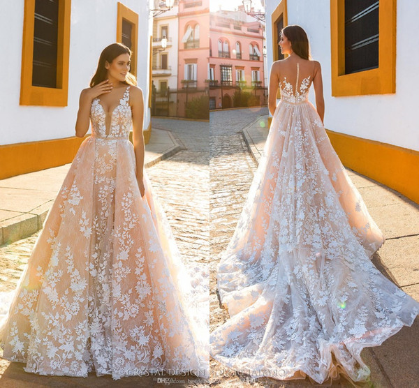 Crystal Design Bridal Sleeveless Straps Deep Plunging Full Embellishment Blush Color A Line Wedding Dresses Sheer Back Royal Train HY229