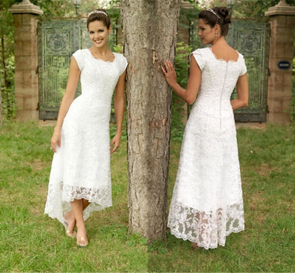 White Elegant Summer Wedding Dresses Full Lace Bateau Zipper Capped A Line Hi-Lo Cheap Plus Size Country Bridal Wedding Dresses DH386