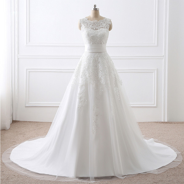 New White Elegant Dresses O Neck With Appliques A Line Tulle Long Wedding Party Bride Dresses For Women Wedding Dresses Gowns DH4238