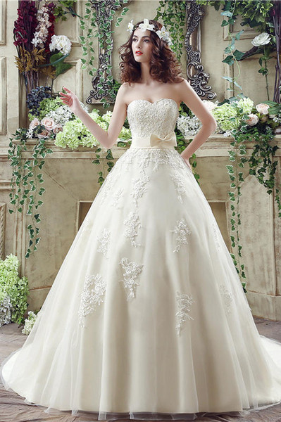 Elegant Dresses Sweetheart With Appliques A Line With Sash Bow Tulle Long Wedding Party Bride Women Wedding Dresses Gowns DH4223