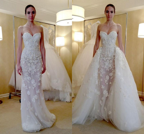Modest Beaded Appliques Overskirt Wedding Dresses Zipper Up Back Sleeveless Bridal Dresses Custom Made Wedding Gowns With Detachable Train