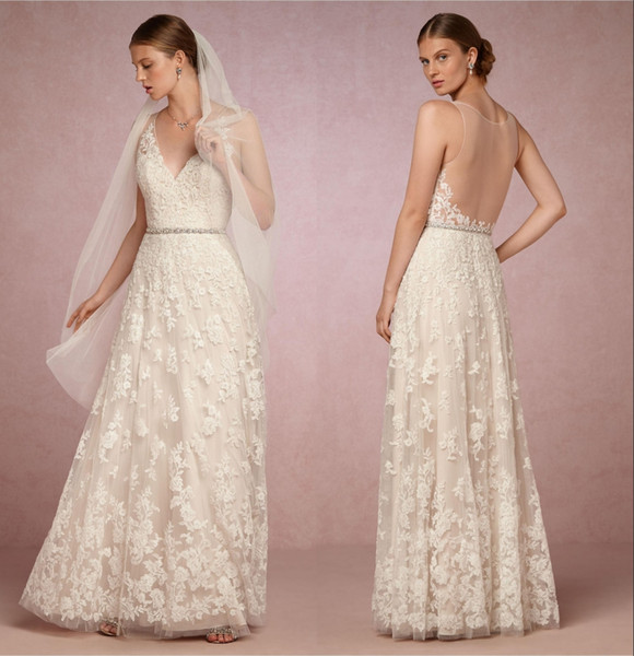 Vintage Wedding Dresses Sexy V Neck Sleeveless A Line Elegant Lace Appliqued Floor Length With Belt Beach Wedding Dresses DH4090