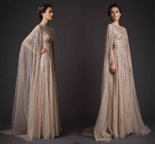 Wedding Dresses A-Line Crew Champagne See-Through Tulle Bridal Gowns Appliques Beads Watteau Dresses Krikor Jabotian Gowns HY4170