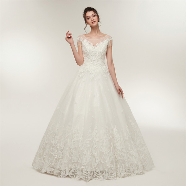 White Wedding Dresses O Neck With Appliques Short Sleeves A Line Tulle Edge With Lace Long Bride Dresses For Women Wedding Dresses DH4230