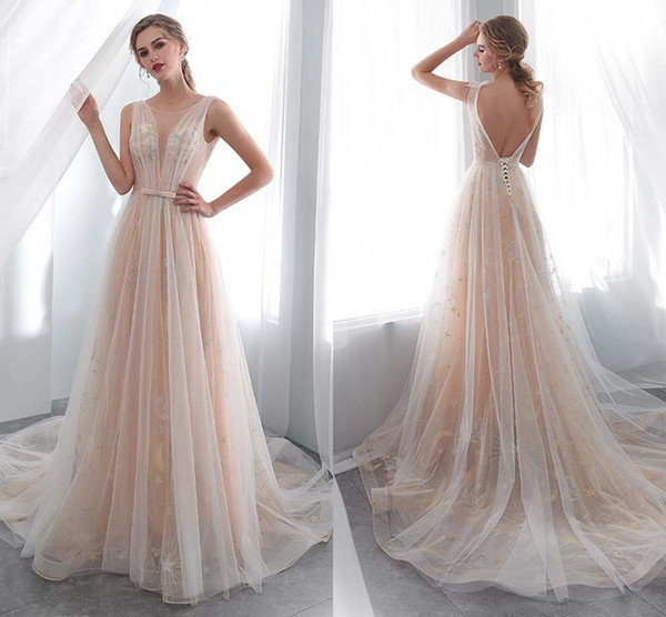 Elegant Dresses O Neck Open Back See Through Top A Line Lace Long Wedding Party Bride Dresses Women Wedding Gowns DH4189