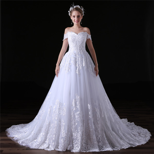 Elegant Dresses Sweetheart Short Sleeves With Appliques Beading A Line Tulle Long Wedding Party Bride Dresses For Women Wedding Gowns DH4192