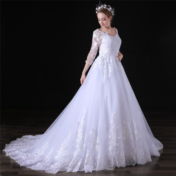 Large Code Wedding Dresses V Neck Long Sleeves A Line Tulle Long Wedding Party Bride Dresses For Women Wedding Gowns HY4190