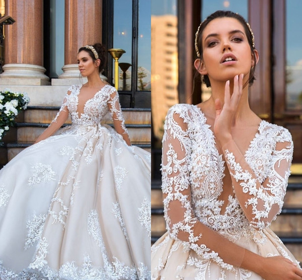 Long Sleeve Lace Ball Gown Wedding Dresses Robe De Mariage Applique Vestido De Noiva De Renda Luxury Bridal Gowns HY230