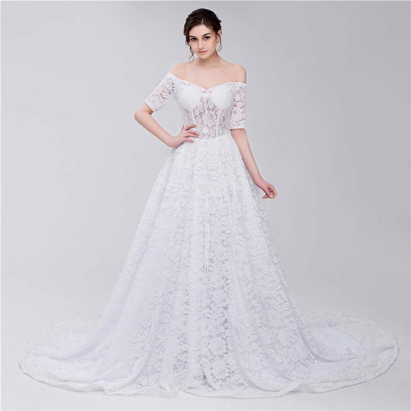 White Elegant New Dresses Sweetheart Half Sleeves A Line Lace Long Wedding Party Bride Dresses For Women Wedding Dresses Gowns DH4237