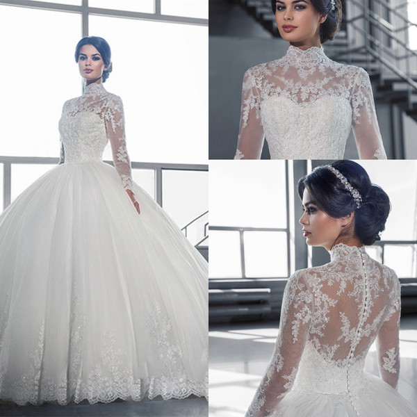 Made High Collar Sheer Long Sleeves Lace Ball Gowns Wedding Dresses Vintage Applique Lace Tulle Bridal Gowns Vestidos De Noiva Custom DH4177