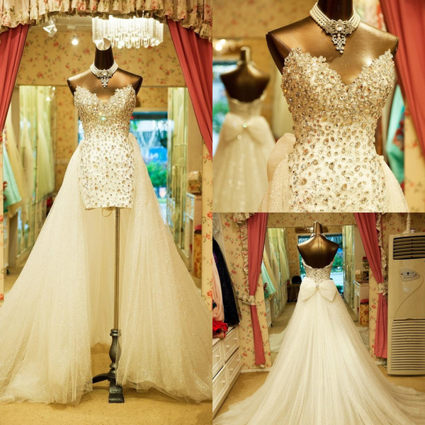 Sparkling Luxury Detachable Train Wedding Dresses Sweetheart Rhinestones Crystals Bow Sequins Tulle Hot Bridal Gowns Custom Made DH4142