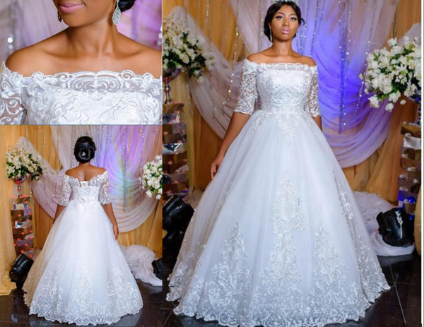 African Wedding Dresses A Line Off Shoulder 1/2 Sleeve Floor Length Bridal Gowns With Lace Applique Backless Wedding Gowns DH4143