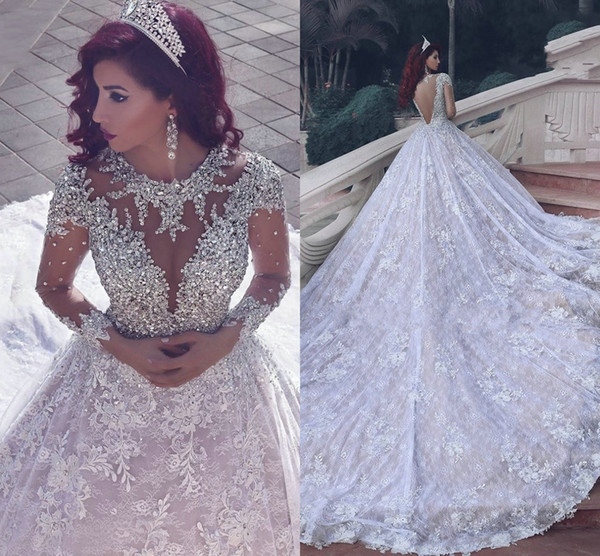 Latest O-neck Long Sleeve Lace Wedding Dresses With Beaded Crystals Vestidos Long Train Wedding Gowns Robe De Mariage