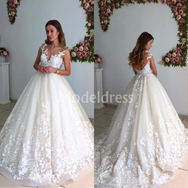 Arabric Wedding Dresses Sheer Neck Appliques Backless Sweep Train Country Style Castel Chapel Bridal Gowns Plus Size Vestidoe De Noiva