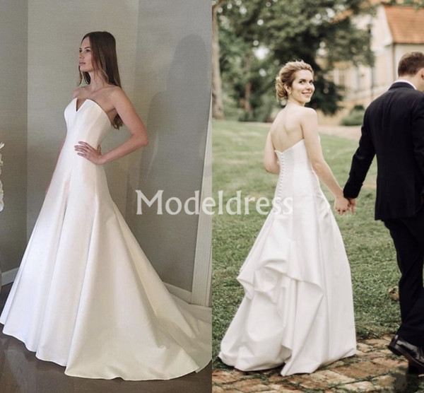 Gorenous Wedding Dresses Strapless Backless Covered Button Sweep Train Country Style Simple Bridal Gown Garden Chapel Vestidoe De Noiva