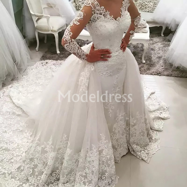 Stylish Lace Wedding Dresses With Detachable Train Illusion Appliques Castel Chapel Bridal Gowns Luxury Plus Size Vestidoe De Noiva Custom