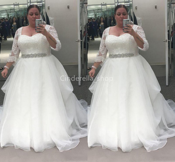 Beautiful Plus Size A Line Wedding Dresses With Sleeves Lace Appliques Beaded Sash Garden Beach Bridal Gowns robe de mariée