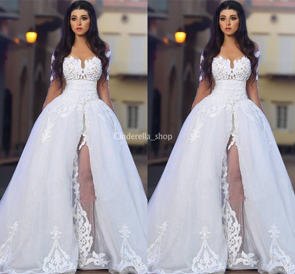 Gorgeous Arabic Overskirt Wedding Dresses Off Shoulder Appliques Short Sleeve Sweep Train Illusion Bridal Gowns Plus Size Customized