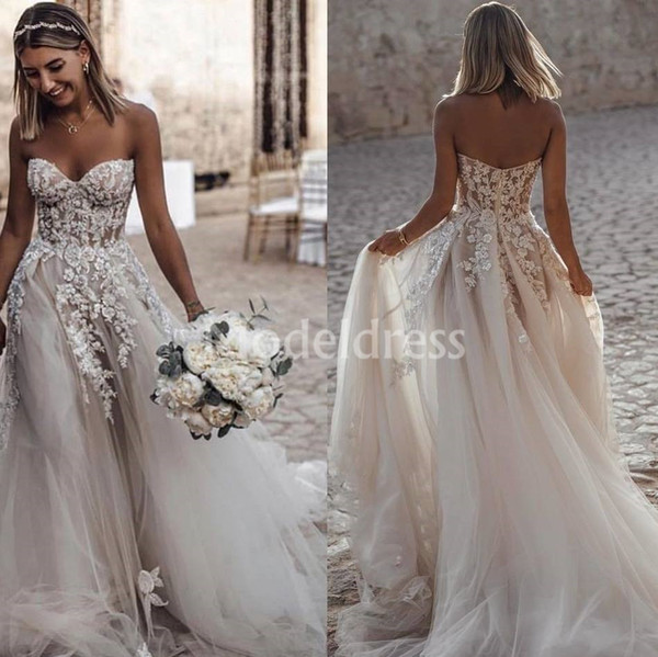 Bohemain Arabric Wedding Dresses Sweetheart Appliques Sweep Train Backless Country Style Beach Bridal Gowns Plus Size Vestidoe De Noiva