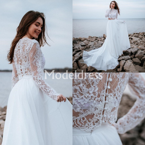 Bonemian Lace Wedding Dresses Sheer Neck Long Sleeves Two Pieces Sweep Train Country Beach Bridal Gowns Illusion Gorenous Vestidoe De Noiva