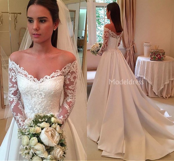 Charming Lace Wedding Dresses Off Shoulder Illusion Long Sleeves Sweep Train Country Style Castle Bridal Gowns Chapel Vestidoe De Noiva