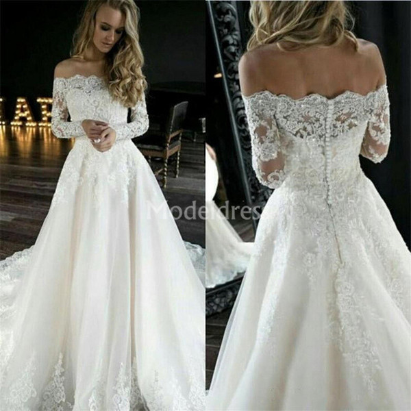 Gorgeous Lace Wedding Dresses With Long Sleeves Off Shoulder Illusion Sweep Train New Country Chapel Bridal Gowns Charming Vestidoe De Noiva