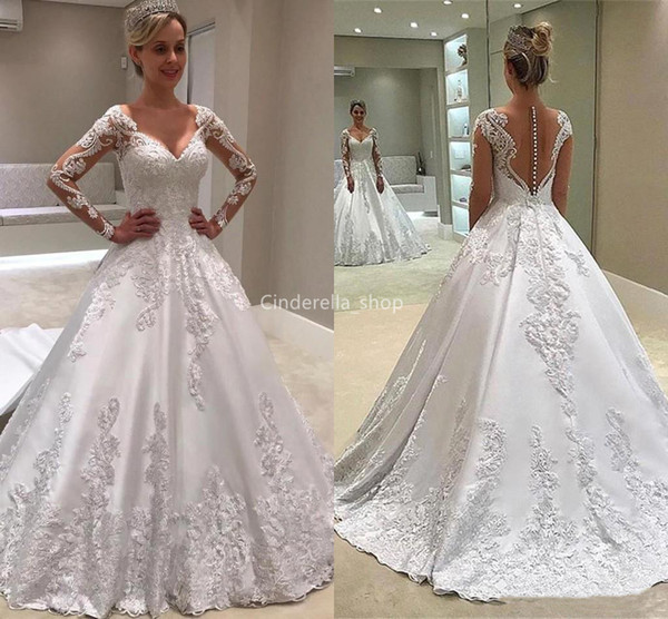 Elegant Long Sleeves Wedding Dresses V-Neck Illusion Lace Appliques Church Bridal Gowns With Detachable Train Plus Size Vestidos