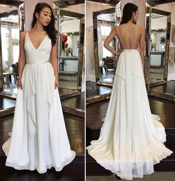 Simple V-Neck A-Line Chiffon Wedding Dresses Backless Garden Country Mariage Gowns With Sweep Train Plus Size vestido de casamento