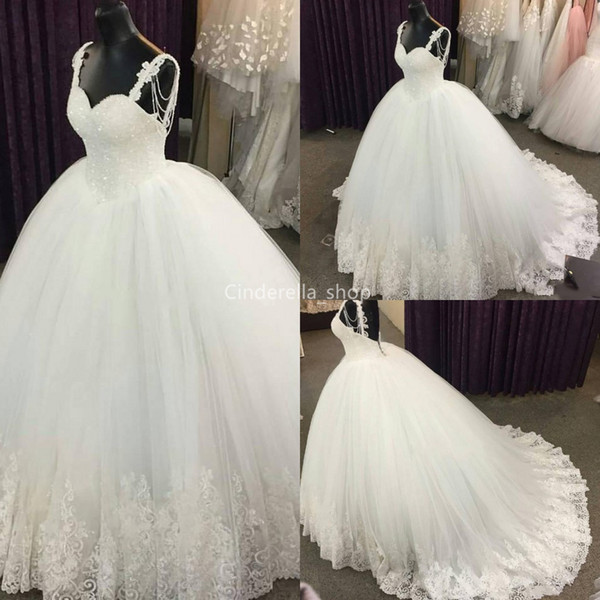 Modest Tulle Ball Gowns Princess Wedding Dresses Spaghetti Lace Appliques Sequined Mariage Gowns Plus Size Customized vestido de novia