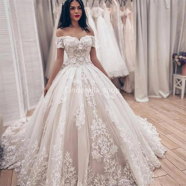 Romantic Off The Shoulder Ball Gowns Wedding Dresses Lace Appliques Lace-Up Back Arabic Princess Bridal Gowns vestido de casamento 