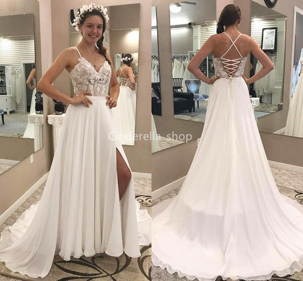 Boho Chiffon Spaghetti Beach Wedding Dresses Lace Appliques Corset Back Bridal Gowns Country Style Side Slit Customized