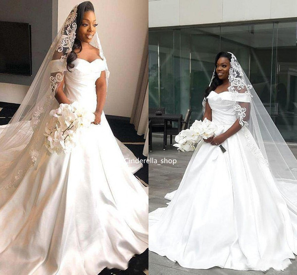 White Off The Shoulder Wedding Dresses A-Line Pleat With Court Train African Bridal Gowns Plus Size Cheap vestidos de novia