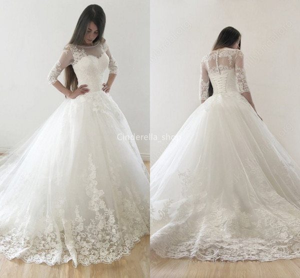 Beautiful Lace Tulle Wedding Dresses Sheer Neck Appliques Garden Bridal Gowns With 3/4 Long Sleeves Plus Size robe de mariée