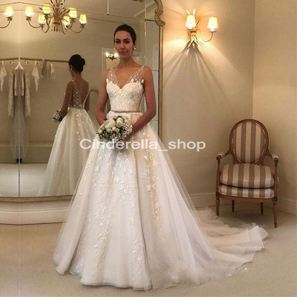 Sexy Sheer V-Neck Wedding Dresses Tulle With Unique Appliques Court Train Open Back Mariage Dresses Sleeveless Robe Berta Bridal Gowns