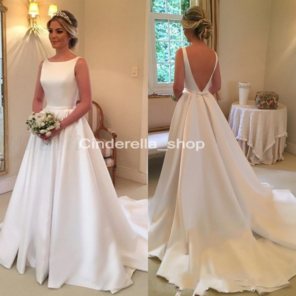 Elegant Satin A-Line Wedding Dresses Backless Bateau Sleeveless Bridal Gowns With Court Train Plus Size Mariage Gowns vestidos de novia