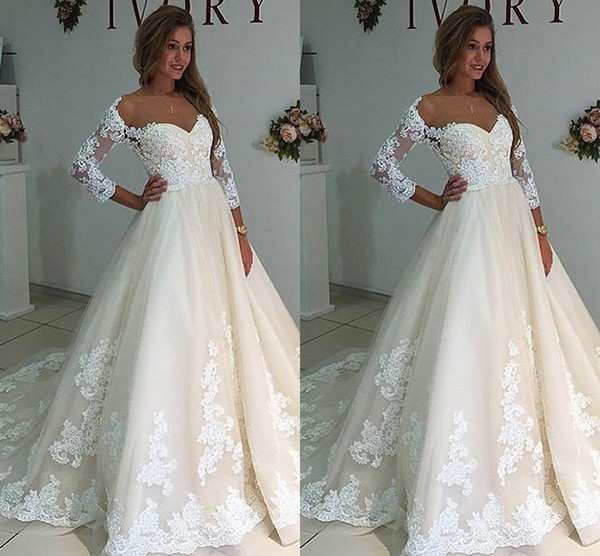 Latest Wedding Dresses Illusion Neckline 3/4 Long Sleeves With Lace Appliques A-Line Bridal Gowns Sweep Train Plus Size For Mariage